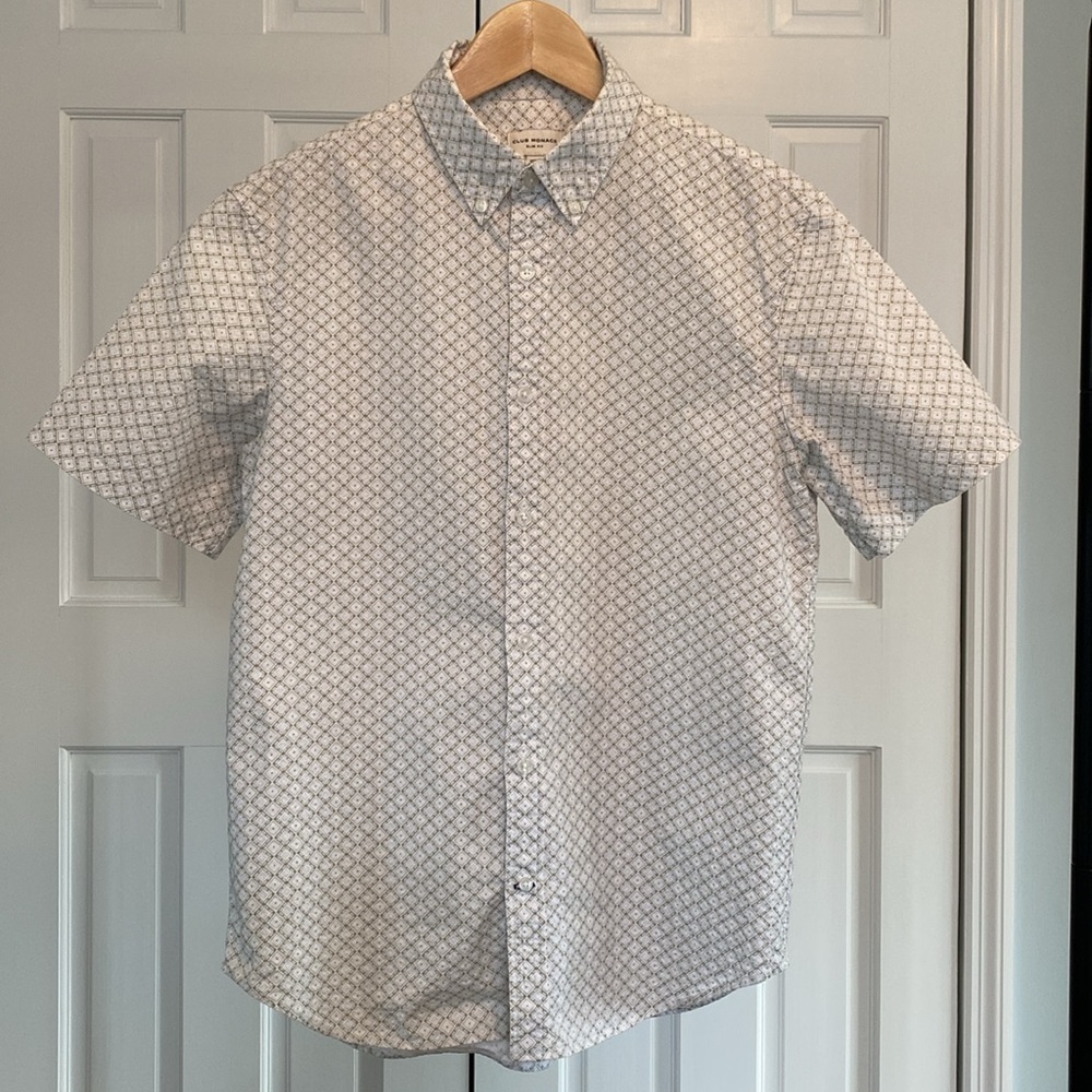 Club Monaco / Short Sleeve Seersucker / Green & White / Small - Picture 2 of 11